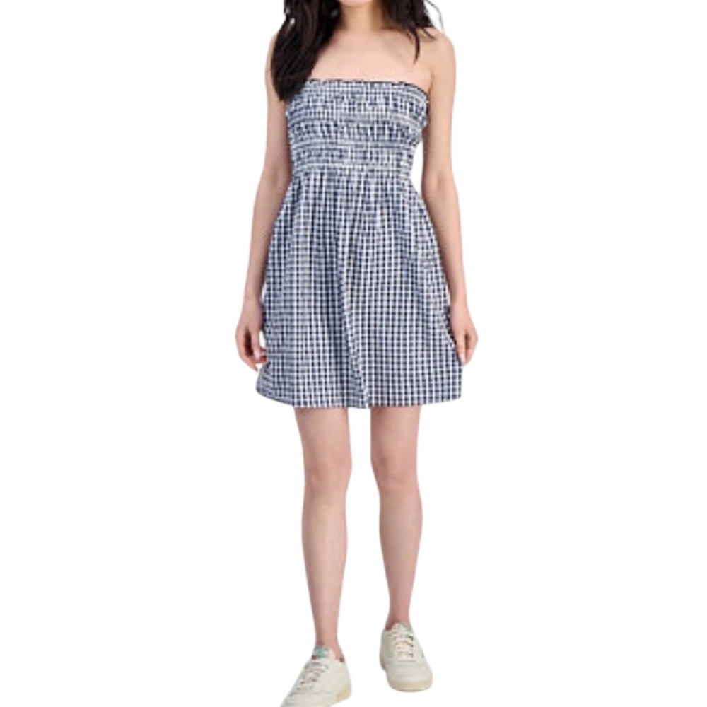 Hippie Rose Gingham Blue   and White Strapless Mini Dress